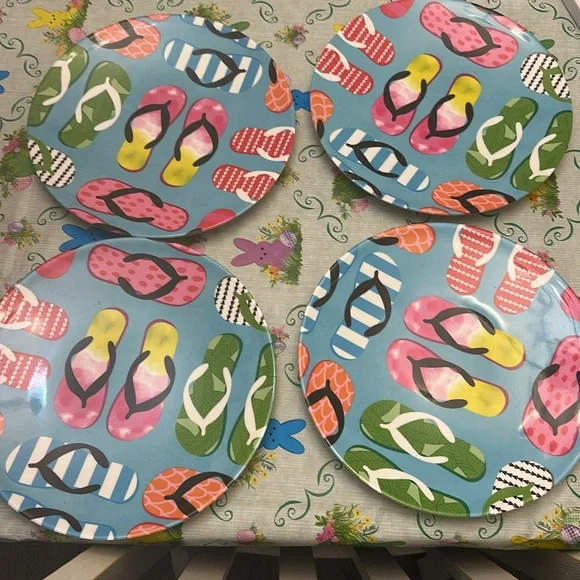 Summer Flip Flop Print Melamine Plates - Blue Multi-Color Design - Picture 3 of 3